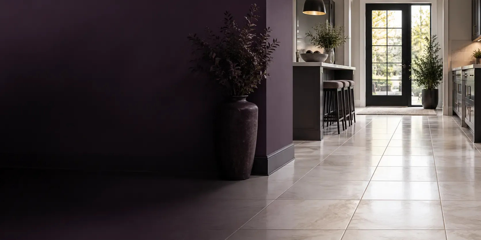 Light tiled residential floor with visible grout lines