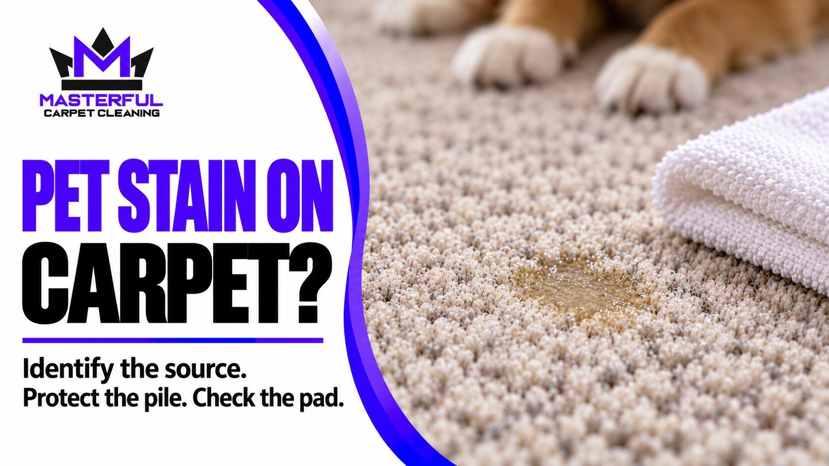 Masterful pet stain on carpet guide with a small pale spot, dog paws, verified logo and text to identify the source, protect the pile and check the pad