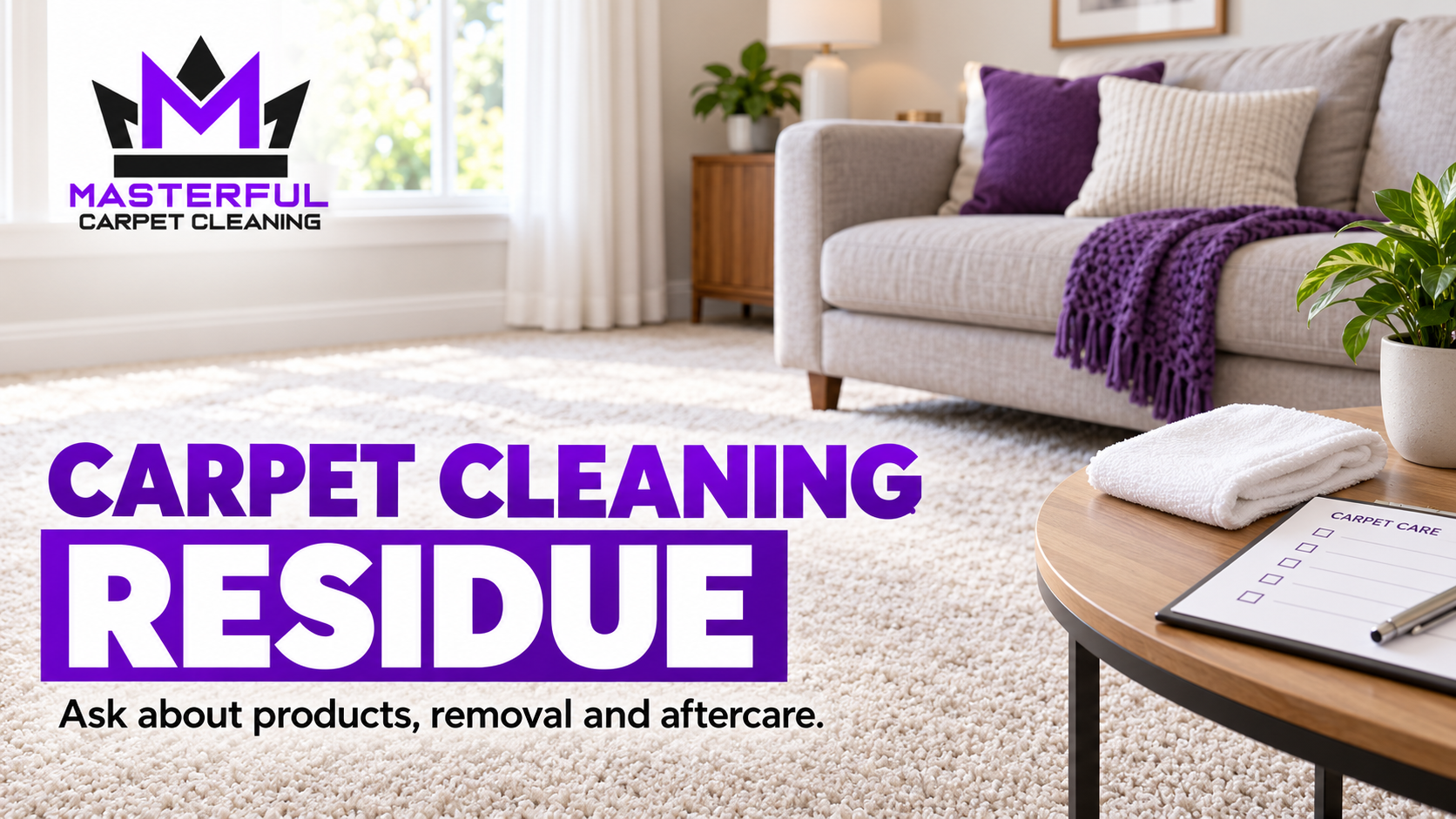 Masterful carpet cleaning residue guide with a white cloth and care checklist in a carpeted room