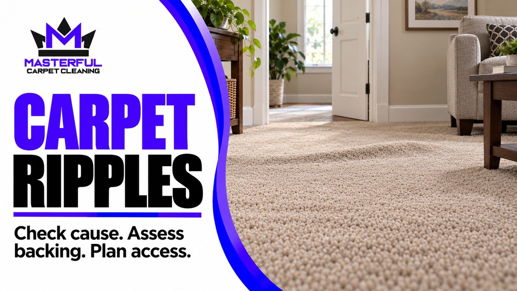 Masterful carpet ripples cover with verified purple and black logo, a raised wave in beige carpet near a doorway, and text to check cause, assess backing and plan access