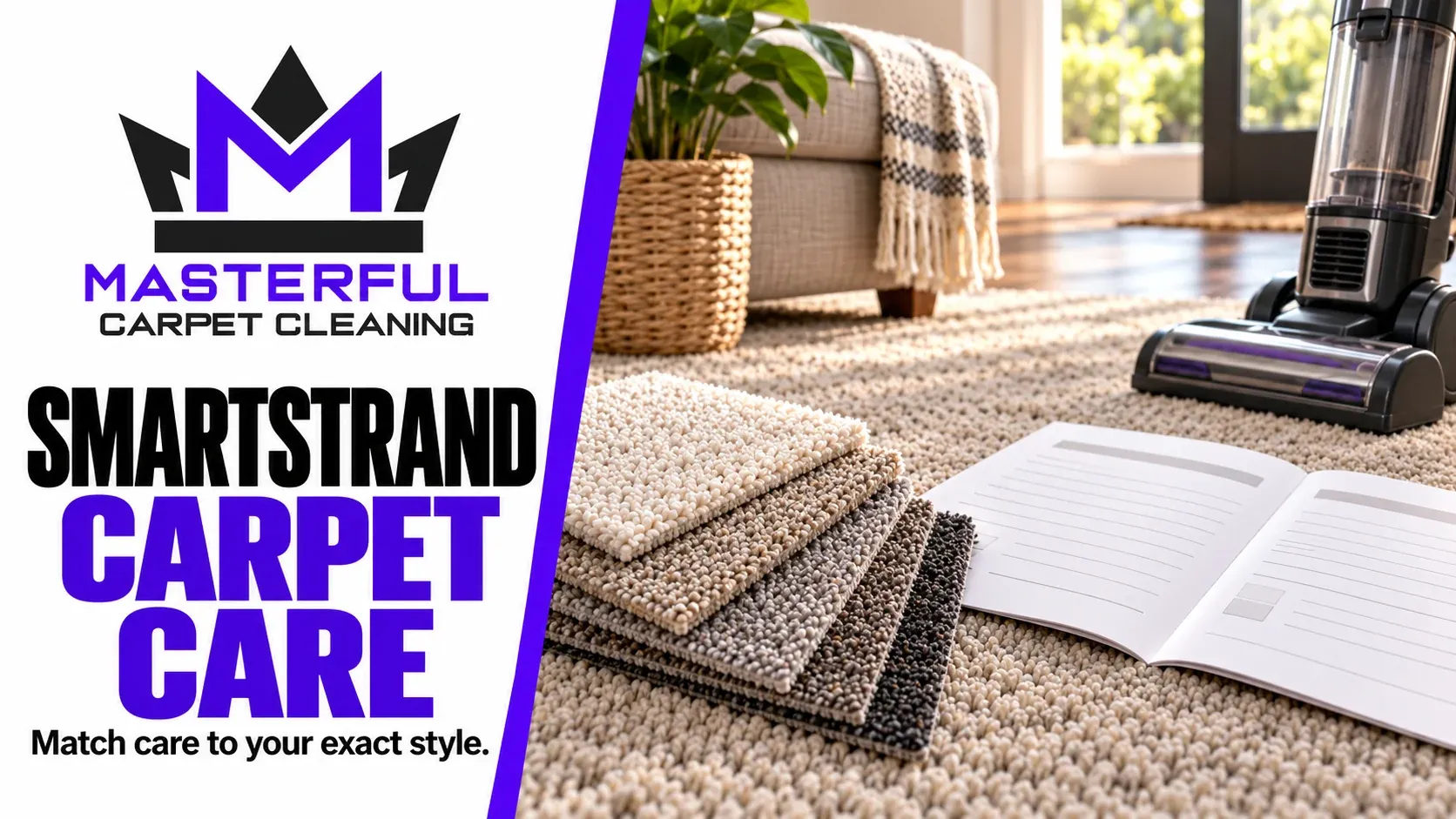 Masterful Carpet Cleaning SmartStrand carpet care cover with carpet samples, an open care sheet and a vacuum nearby