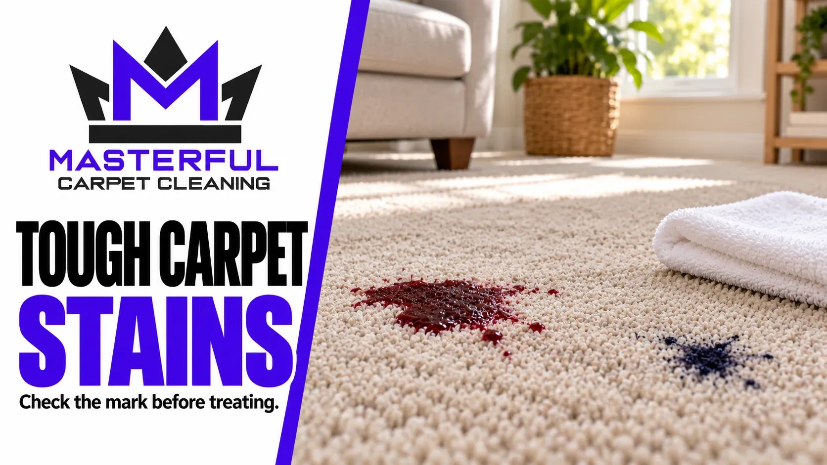 Masterful Carpet Cleaning cover: Tough Carpet Stains, with separate wine and ink marks beside a clean white cloth
