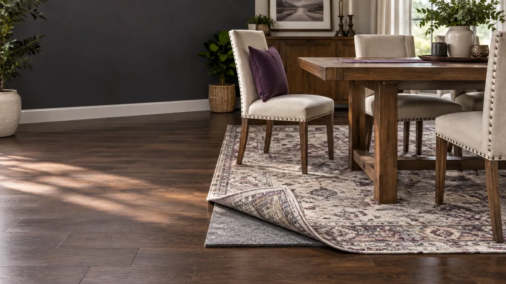 Illustration of a rug beneath dining furniture with its pad visible over a wood floor