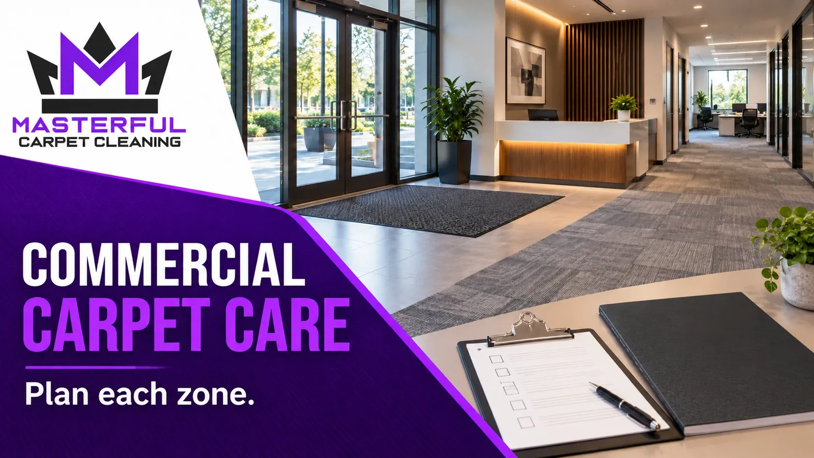 Masterful Commercial Carpet Care illustration: Plan each zone, with an entry mat, carpeted office corridor and anonymous planning notes.