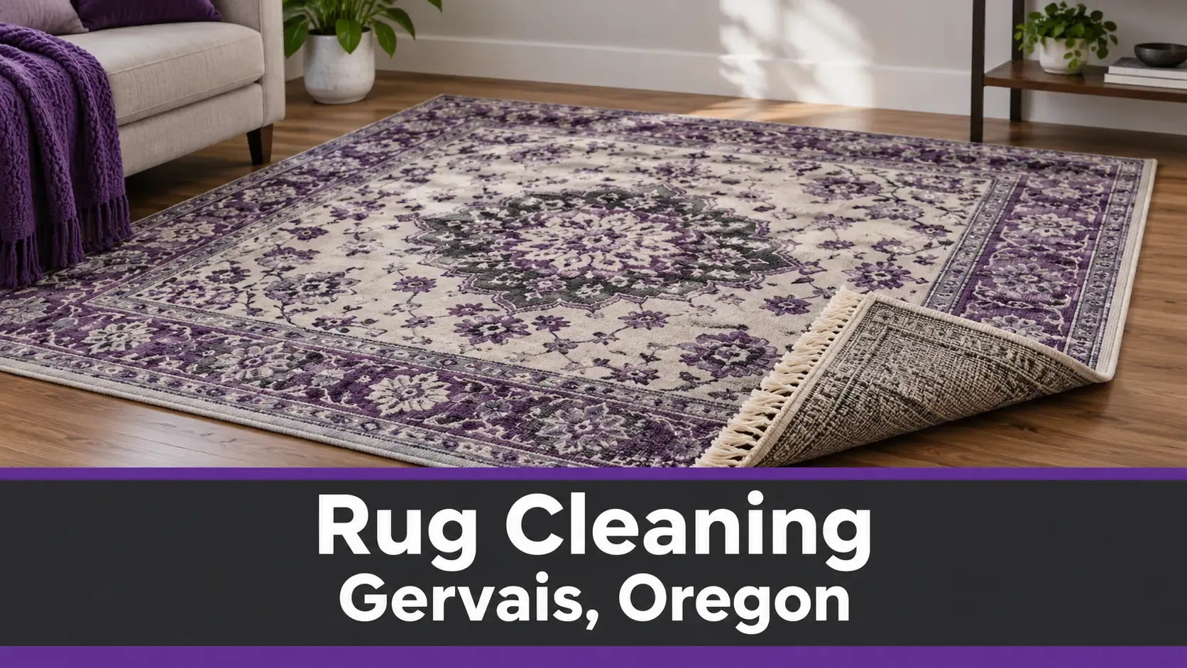 Illustration of a patterned rug with a lifted corner and the words Rug Cleaning Gervais, Oregon