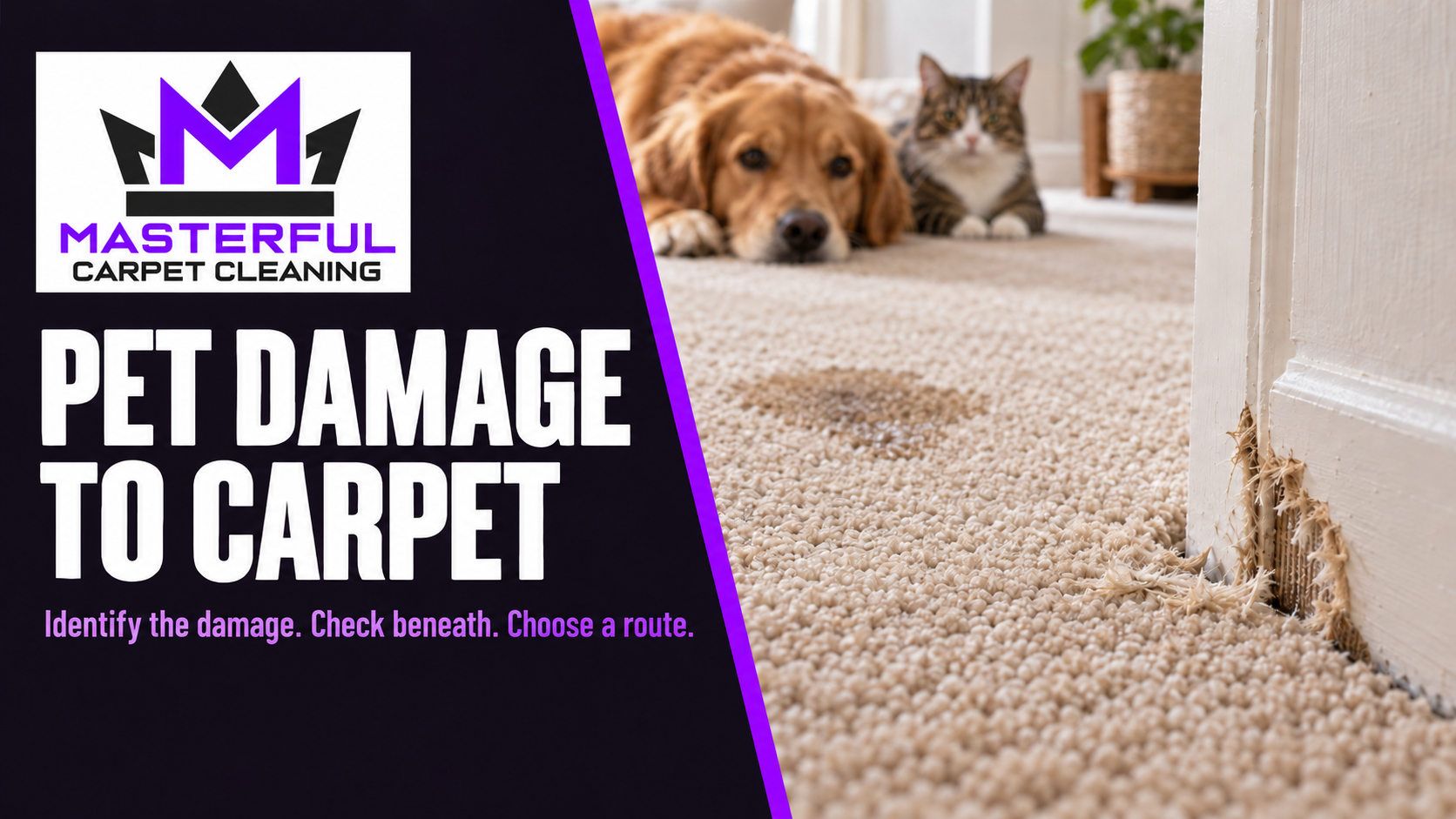 Masterful pet damage cover with verified purple and black logo, frayed carpet edge near a doorway, and dog and cat in the background