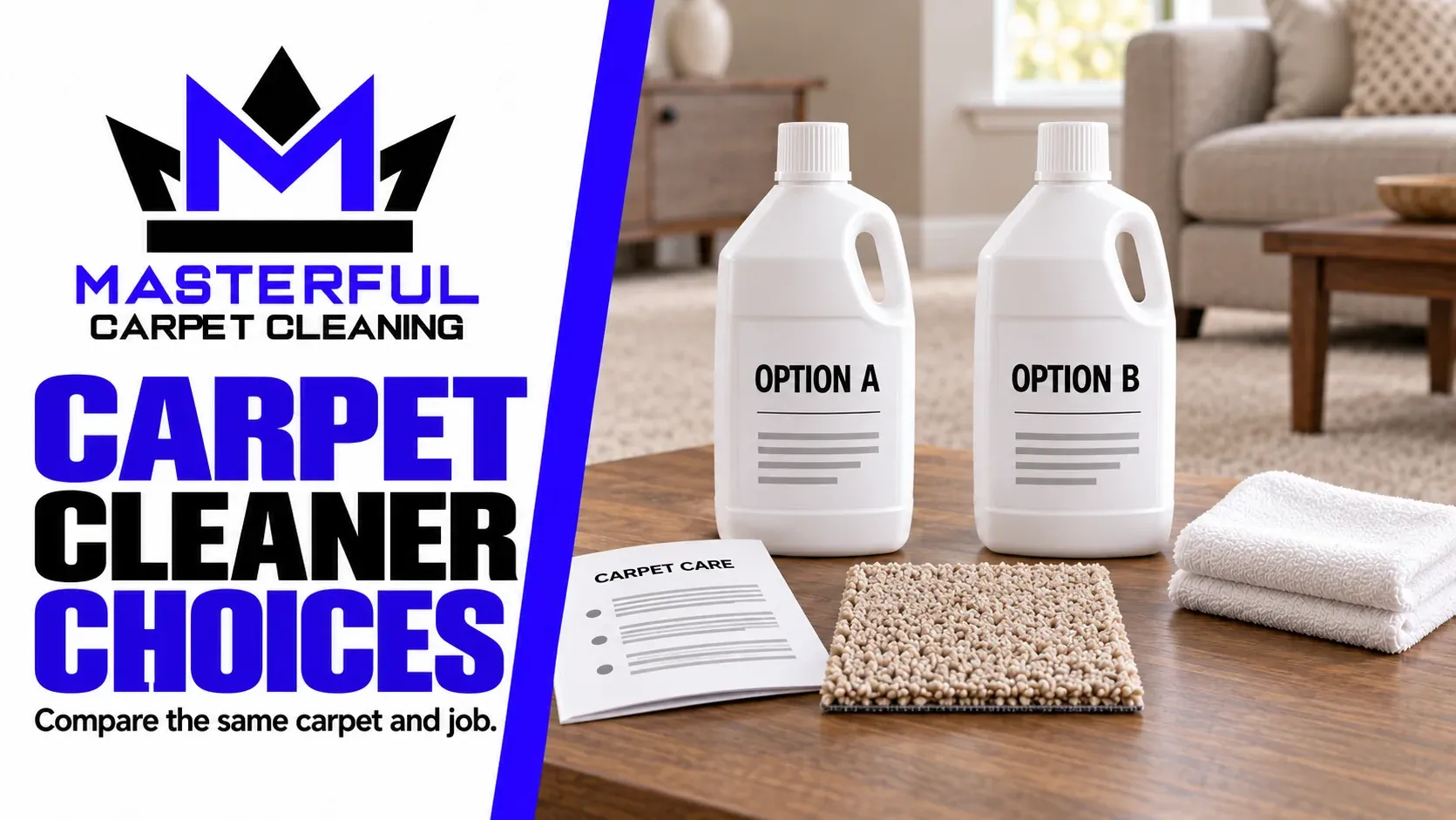 Masterful Carpet Cleaning illustration comparing two neutral cleaner options for the same carpet, with a care booklet and the words Carpet Cleaner Choices.