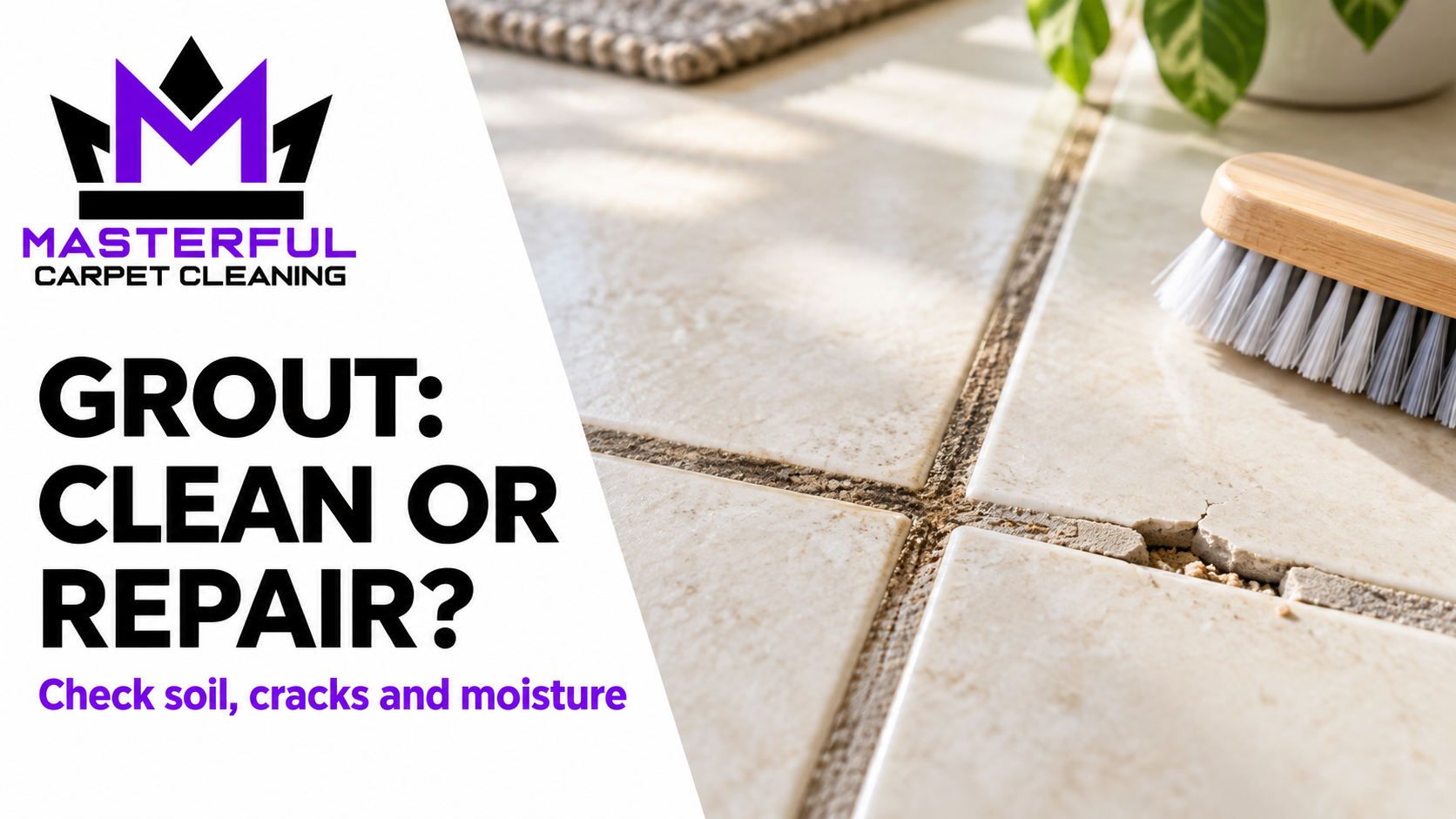Masterful Carpet Cleaning cover comparing soiled grout with a cracked joint: grout, clean or repair?