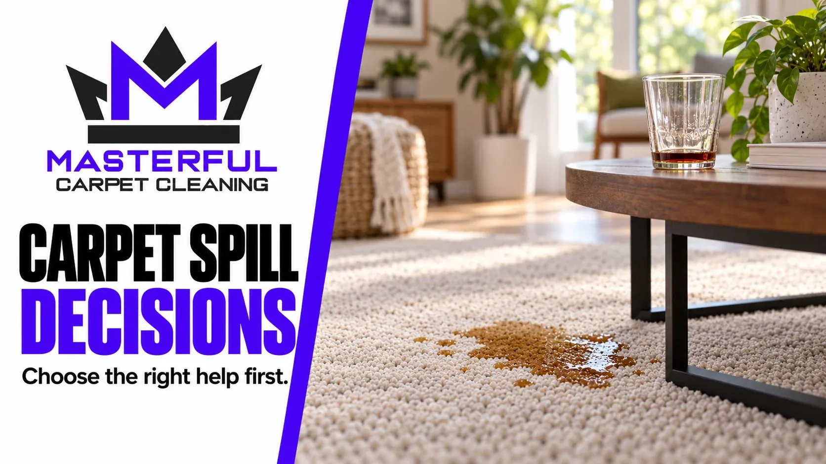 Masterful Carpet Cleaning cover: Carpet Spill Decisions, showing a small household drink spill on carpet beside a side table and glass.