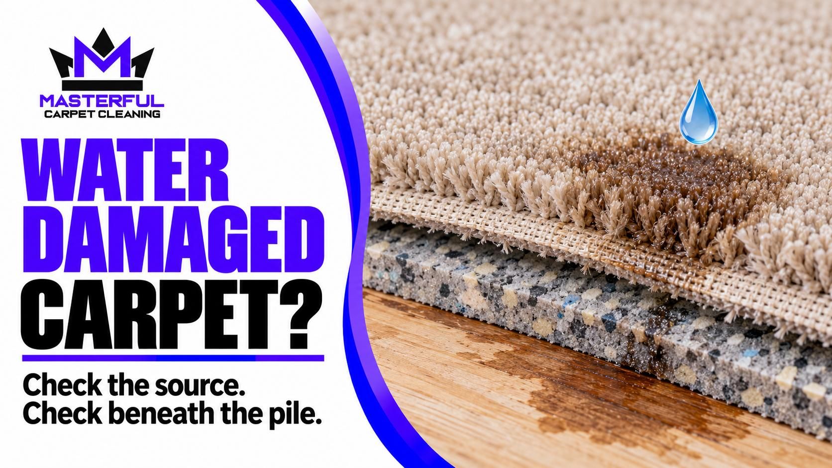 Masterful water damaged carpet guide cover with exact purple and black logo, carpet pile, backing, cushion and wood subfloor cutaway, and text to check the source and beneath the pile