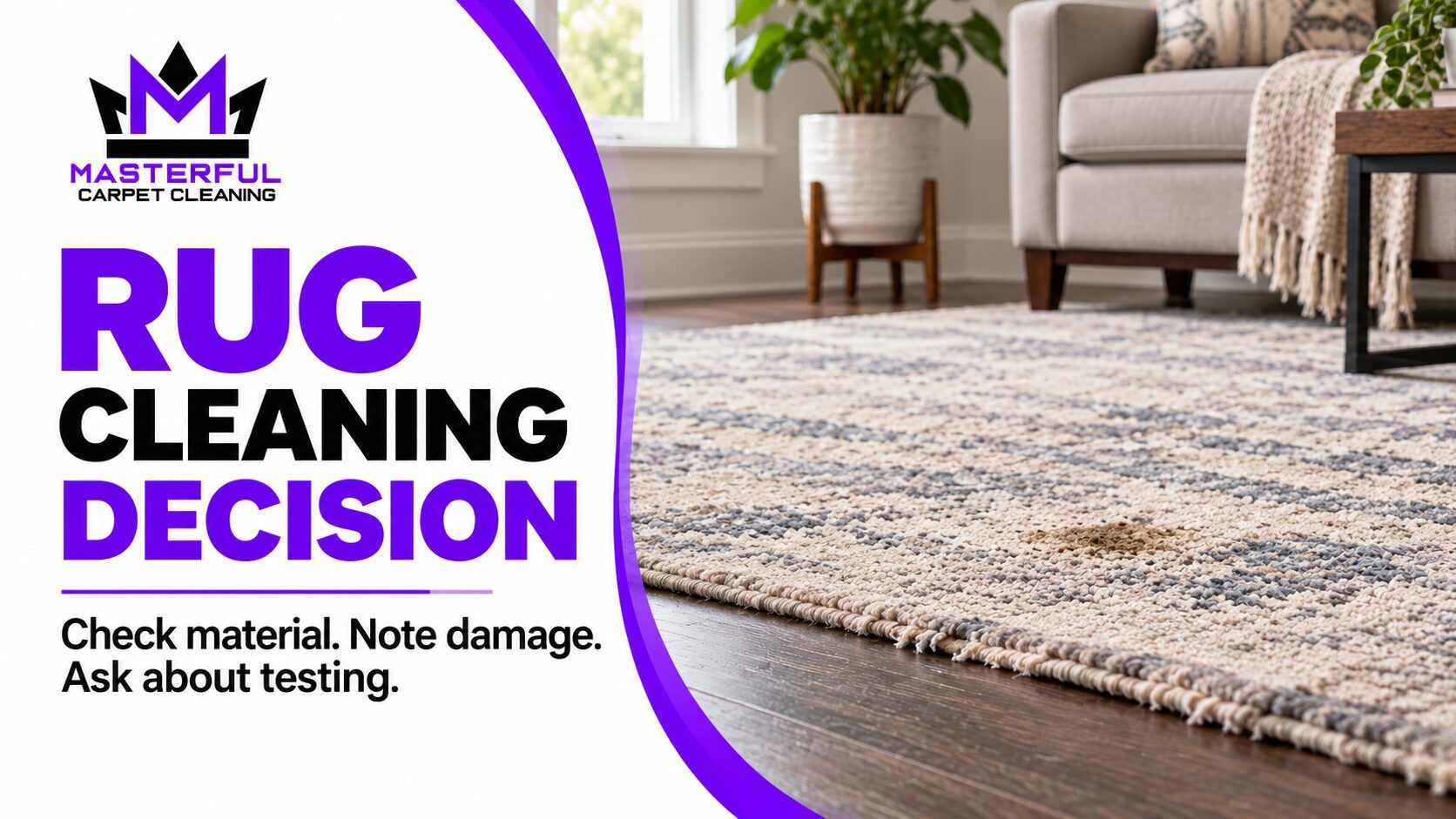 Masterful rug cleaning decision guide showing a flat area rug and the steps check material, note damage and ask about testing