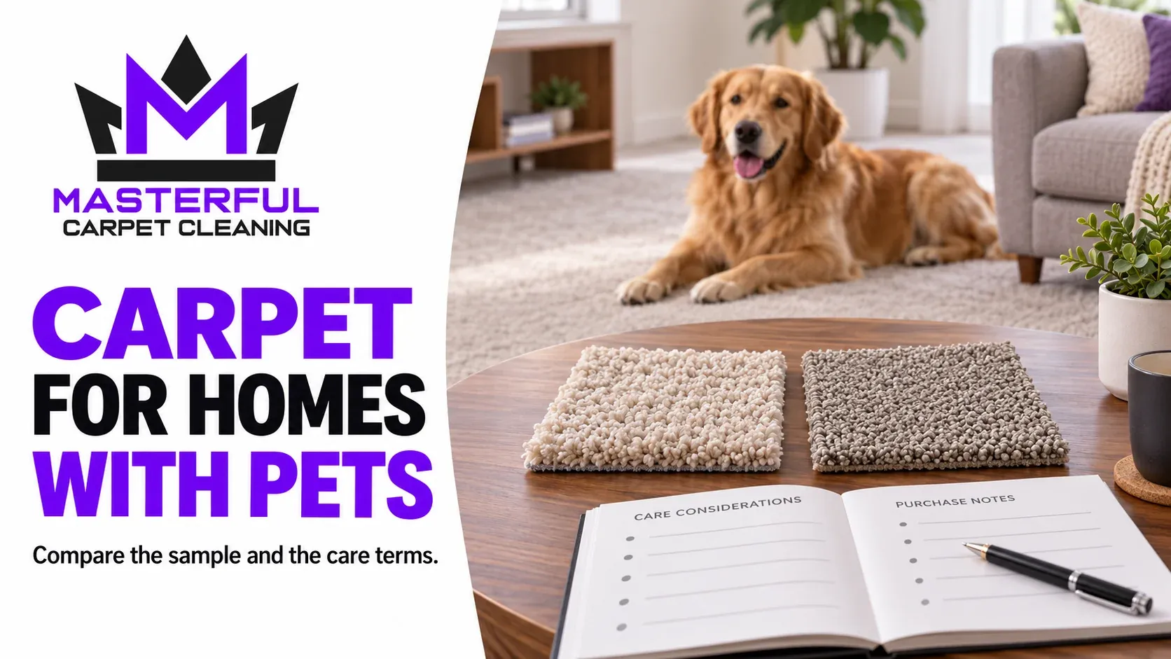 Masterful Carpet for Homes With Pets cover with two carpet samples and care notes on a table beside a dog resting on installed carpet.
