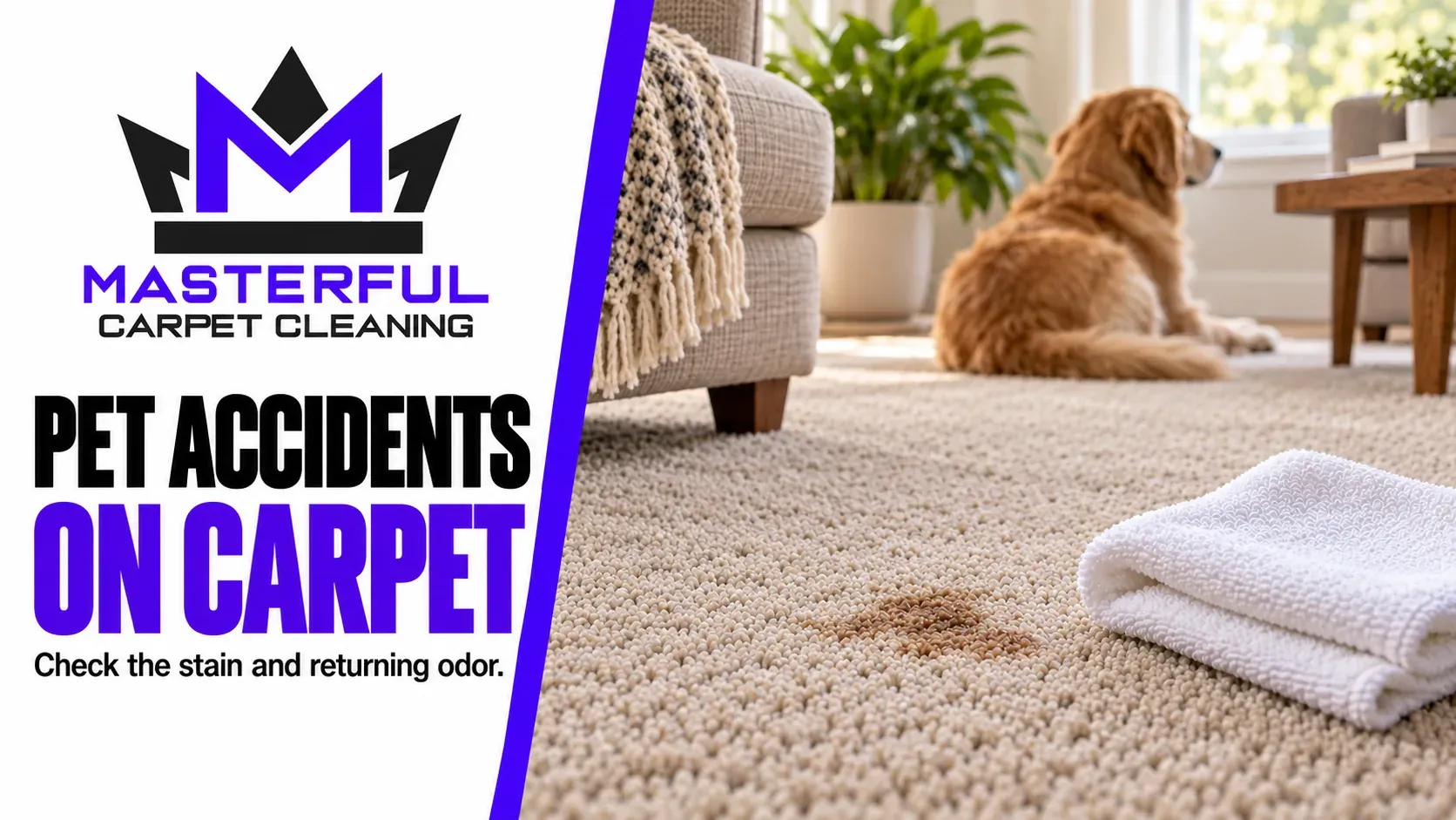 Masterful Carpet Cleaning cover: Pet Accidents on Carpet, showing a small carpet mark, a white cloth and a dog in the background