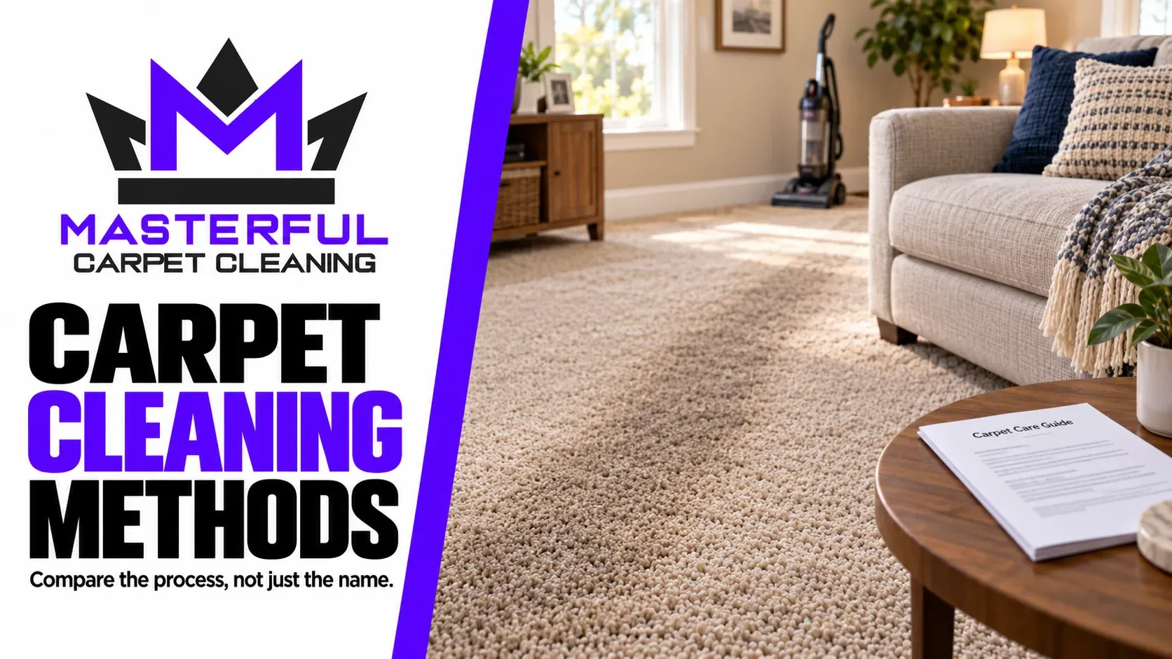 Carpet cleaning methods: an illustrative installed carpet, parked vacuum and sample care document beside a sofa.