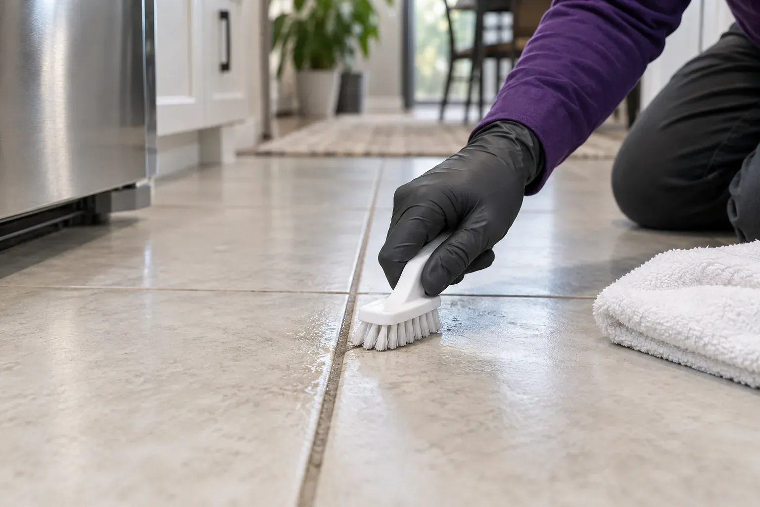 Technician brushing an intact grout line between light tiles