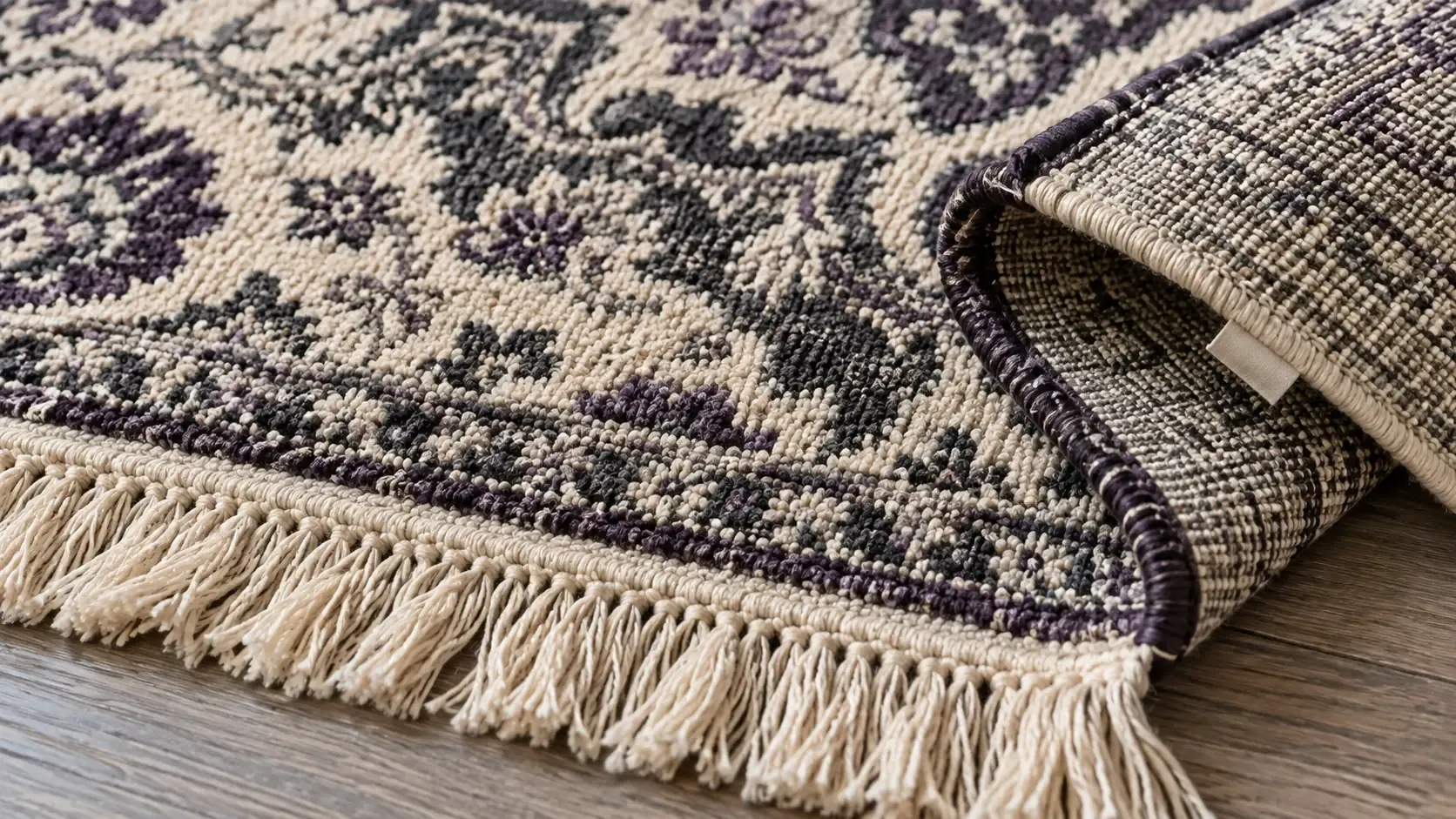 Illustration of a rug’s woven face, fringe, edge and turned back corner