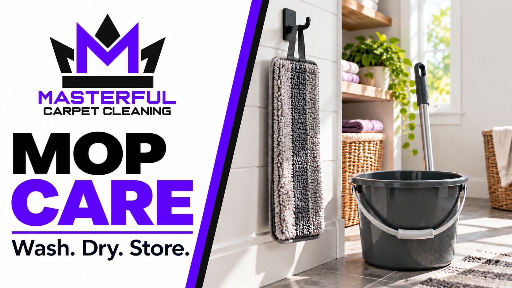 Illustrative microfiber mop pad hung to dry beside a clean bucket and the Masterful Carpet Cleaning logo with the words Mop Care: Wash. Dry. Store.