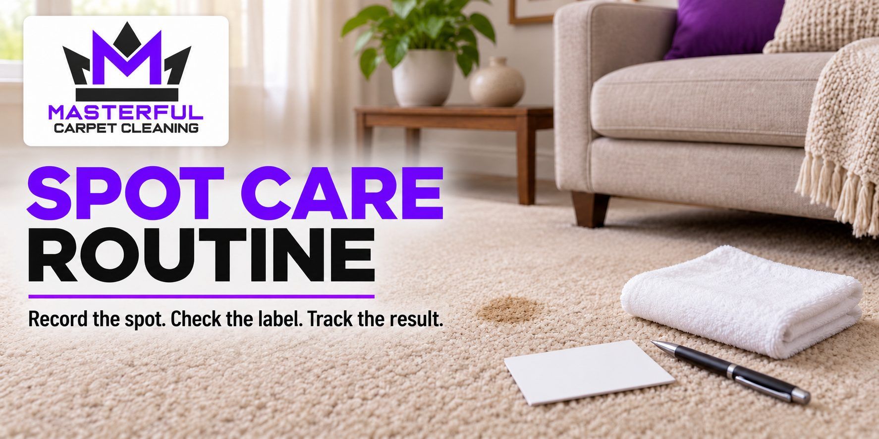 Masterful spot care routine cover with purple and black logo, small carpet mark, folded white cloth, blank note card and pen