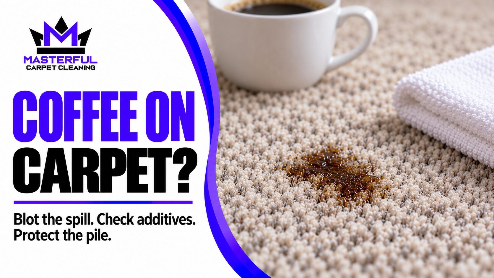 Masterful coffee on carpet guide with a small coffee spot, cup, white cloth, verified logo and text to blot the spill and check additives