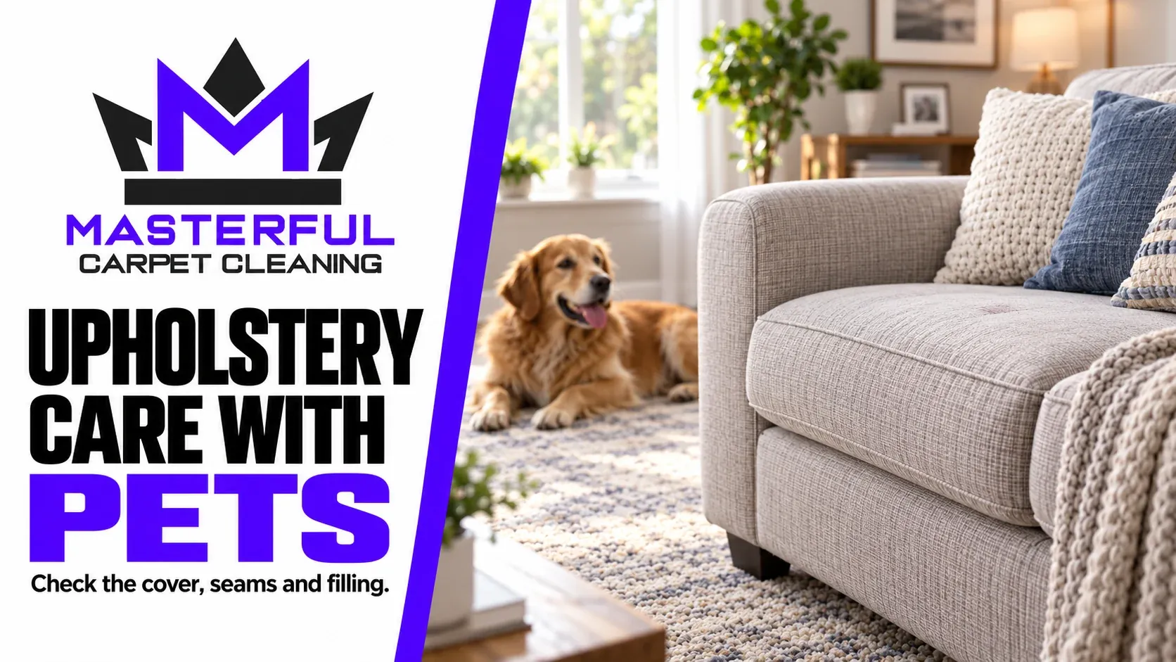 Masterful upholstery care with pets: sofa cover and seams, with a dog resting on the floor.