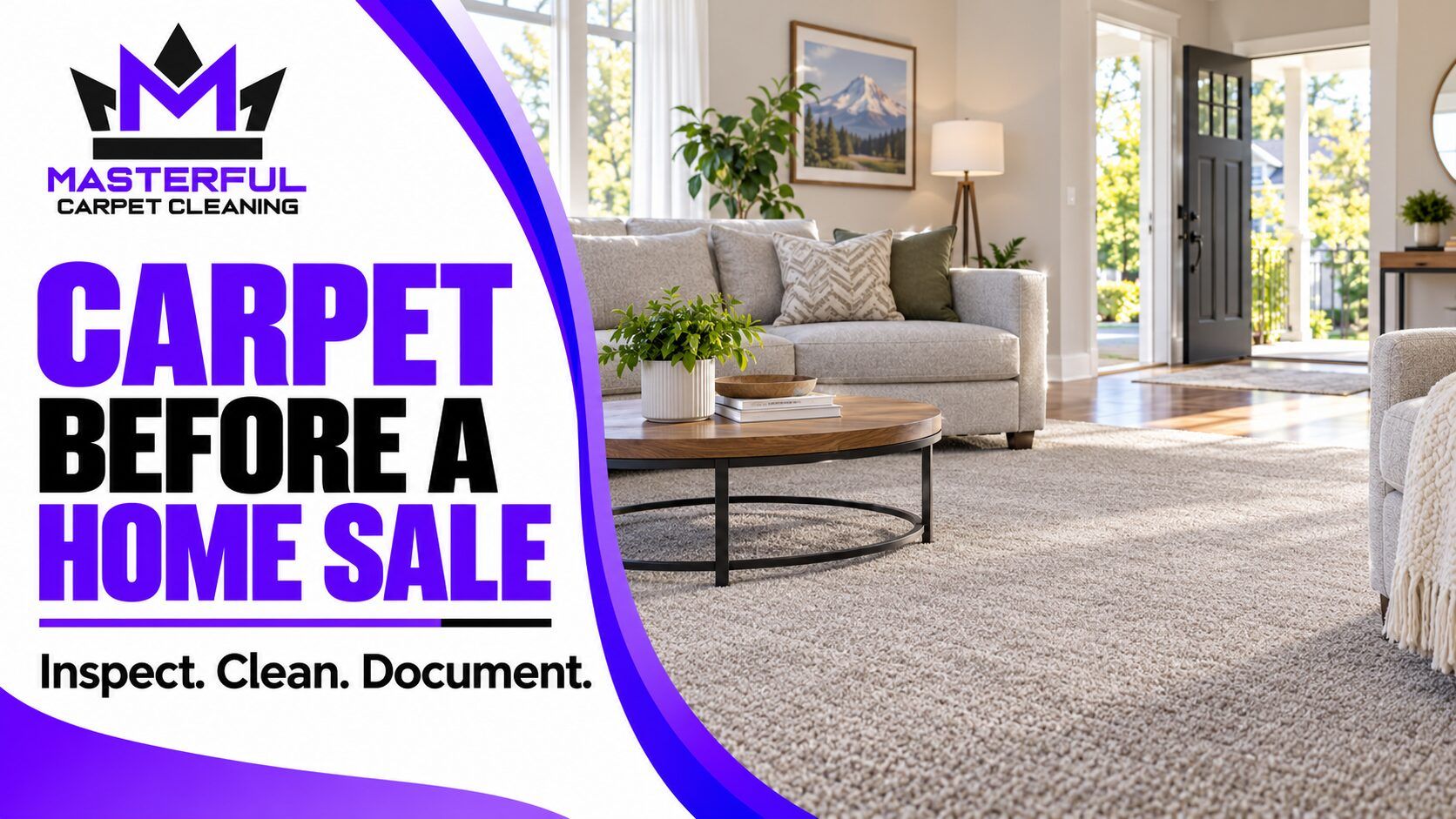 Masterful Carpet Cleaning guide to carpet before a home sale, showing a living room and the steps inspect, clean and document