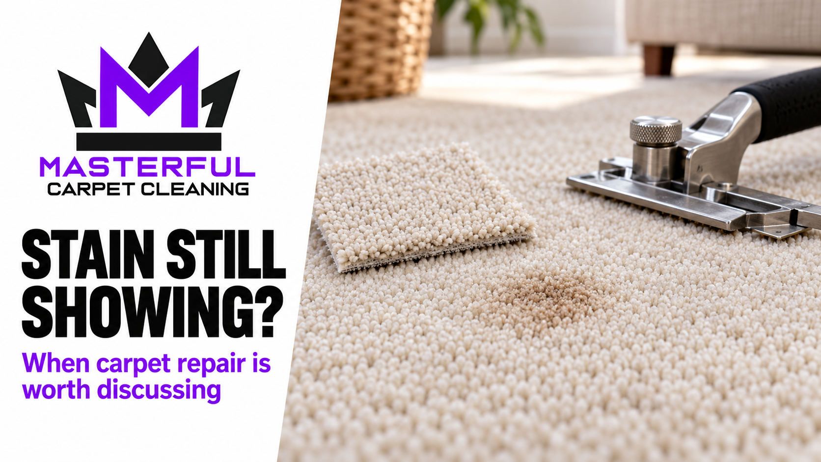 Masterful Carpet Cleaning cover showing a persistent carpet discolouration, donor swatch and repair tool