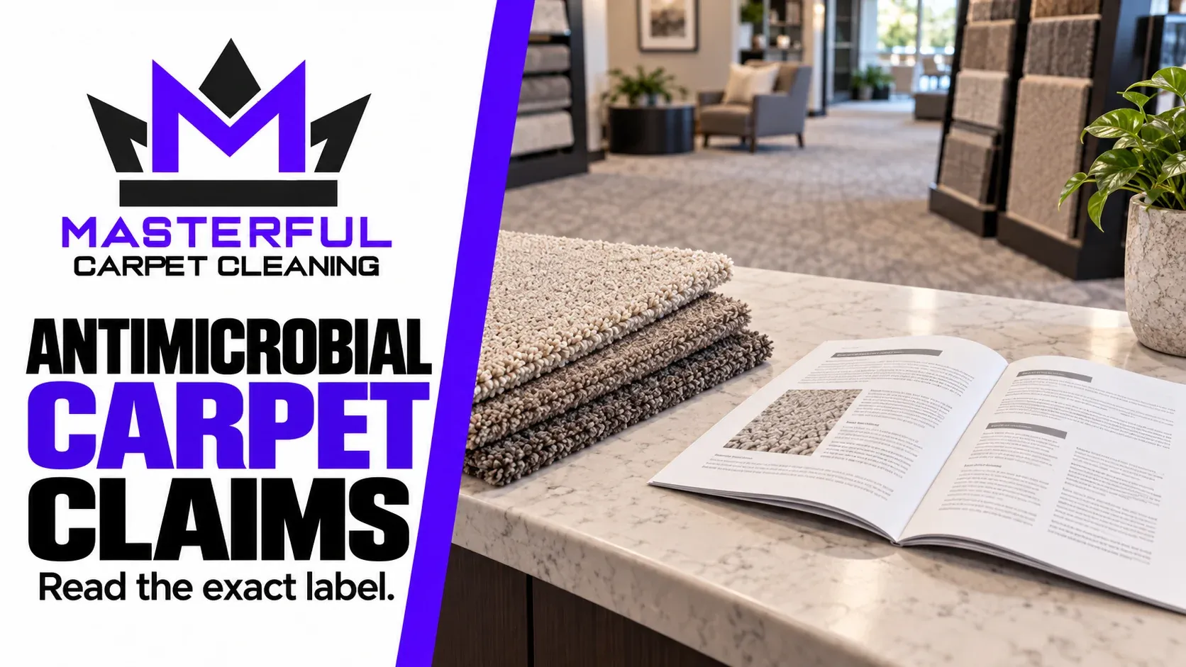 Antimicrobial carpet claims: illustrative carpet samples and an unreadable generic information booklet.