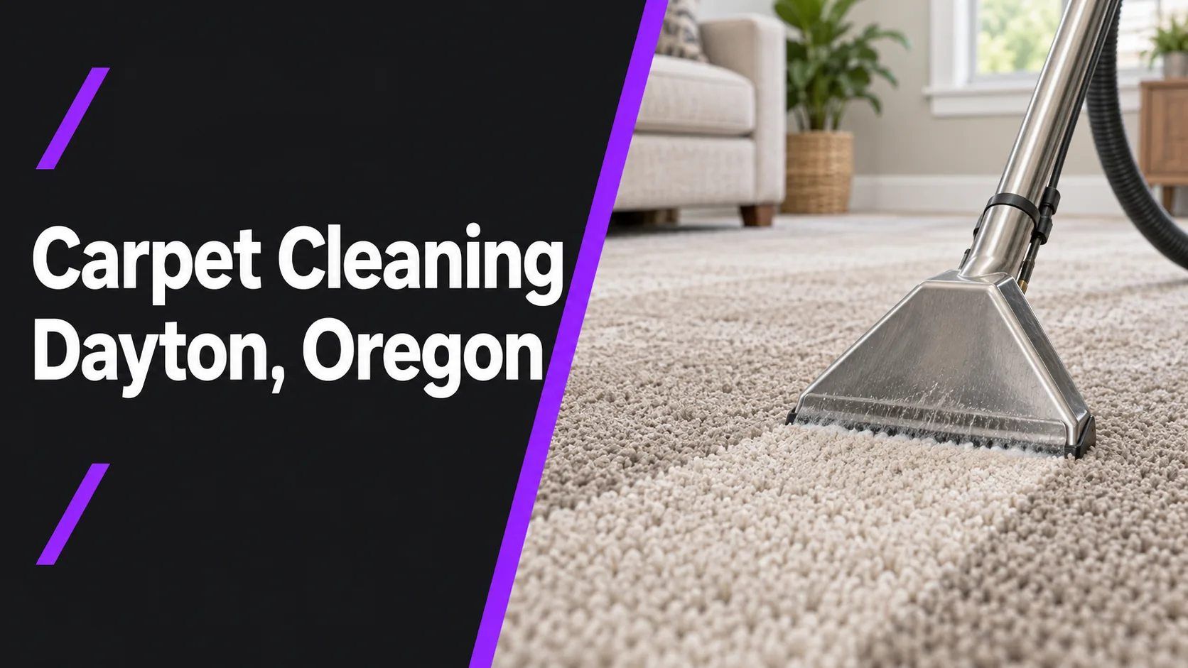 Carpet Cleaning, Dayton, Oregon graphic beside an extraction wand on a light carpet