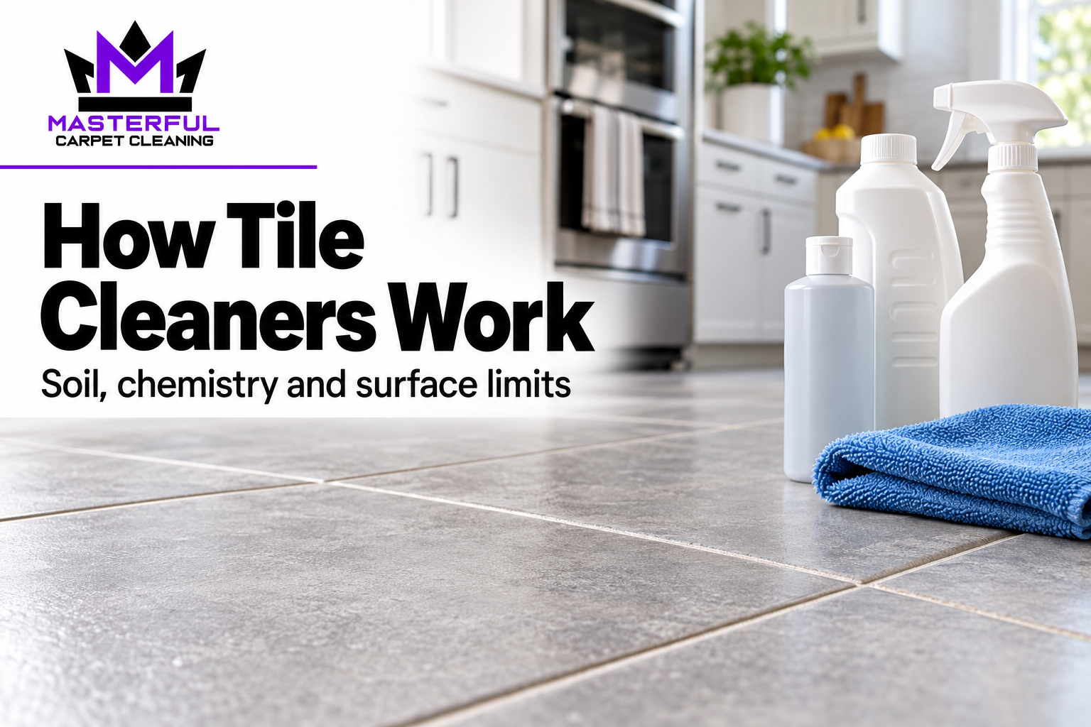 Masterful Carpet Cleaning cover: How Tile Cleaners Work. Closed unbranded cleaner bottles and a microfiber cloth stand on tile.