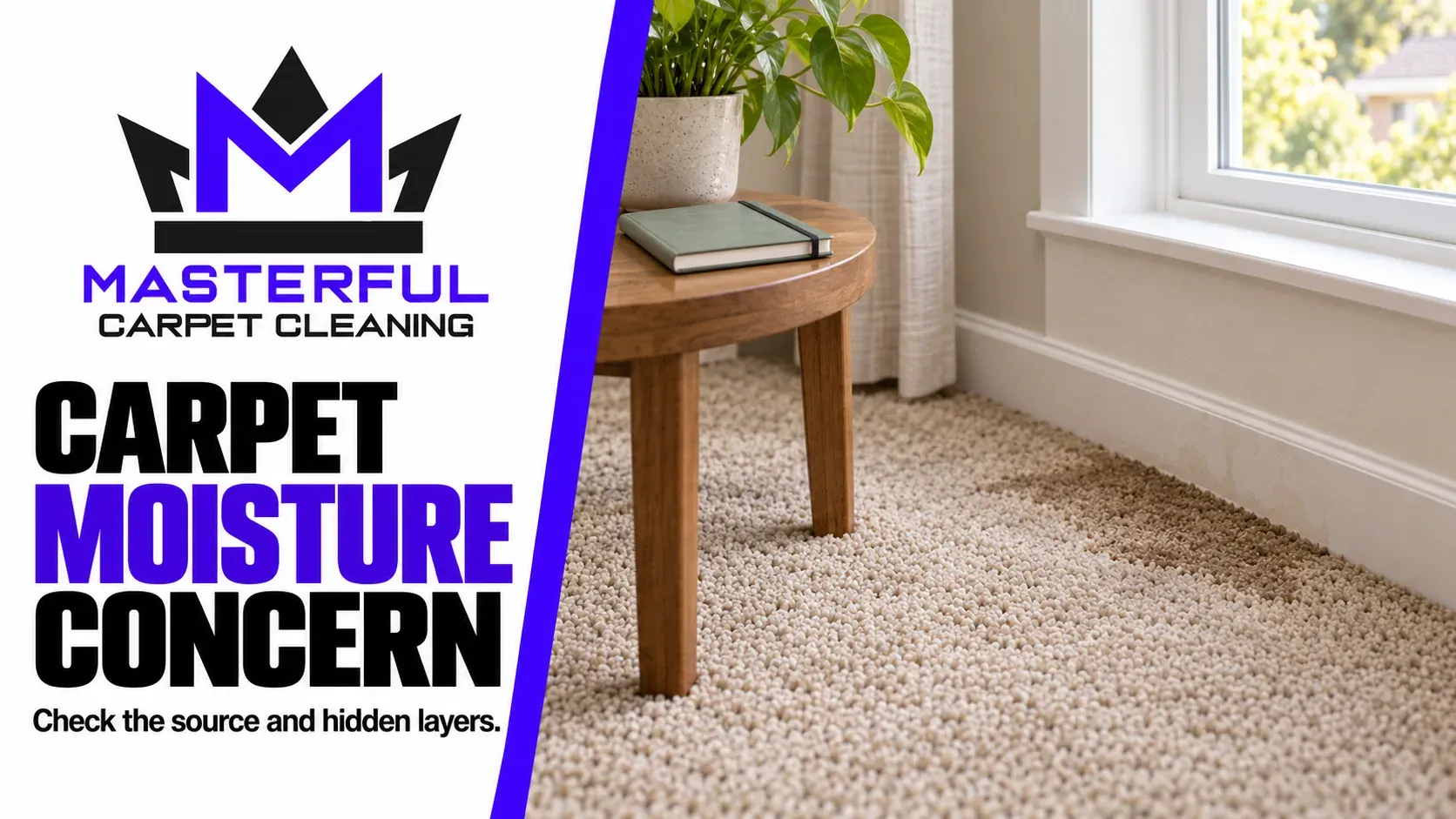Masterful Carpet Cleaning cover: Carpet Moisture Concern, showing a darkened carpet edge near a window and baseboard