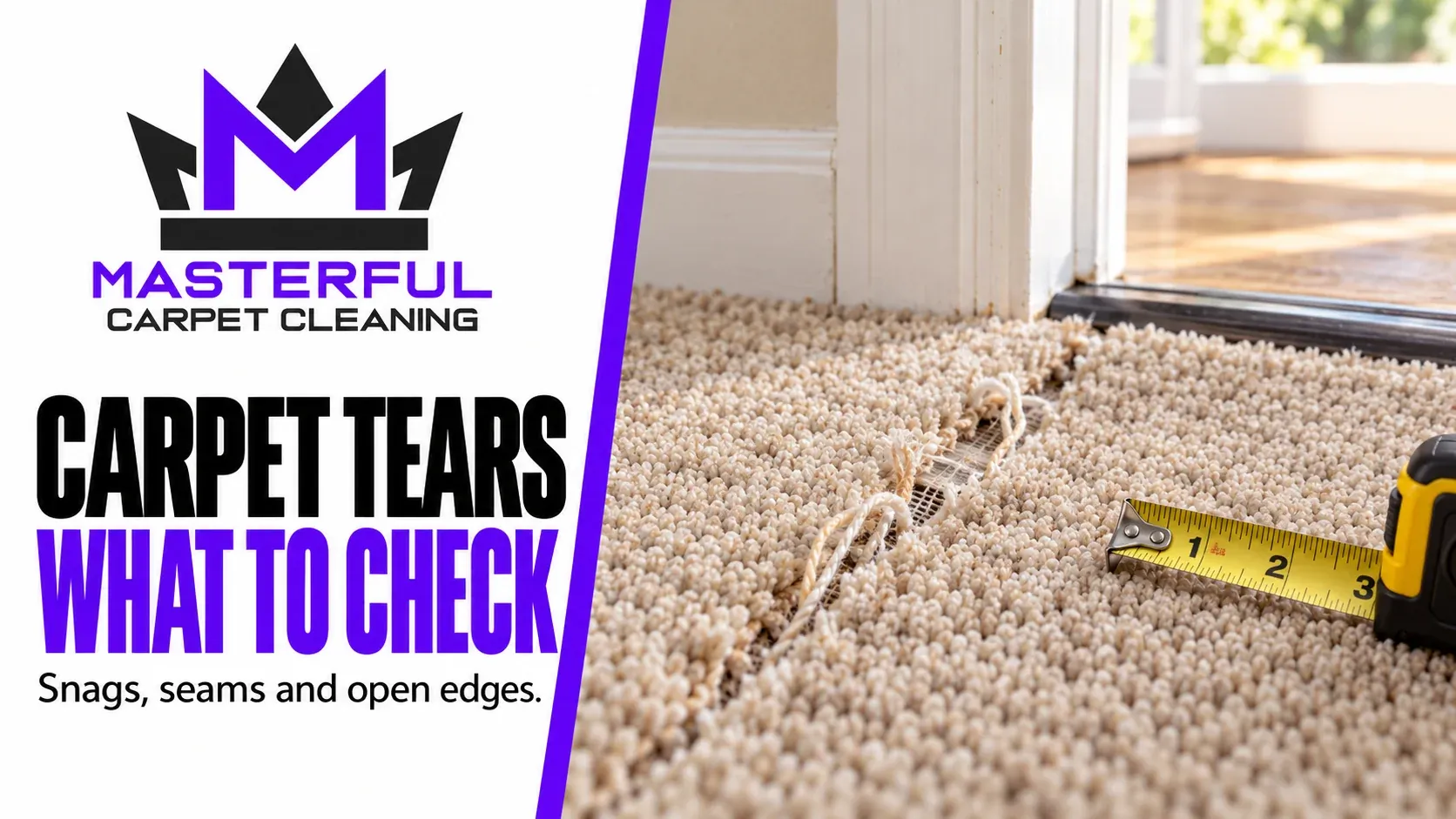 Masterful Carpet Cleaning cover: Carpet Tears, What to Check, with an opening and loose yarn at a doorway