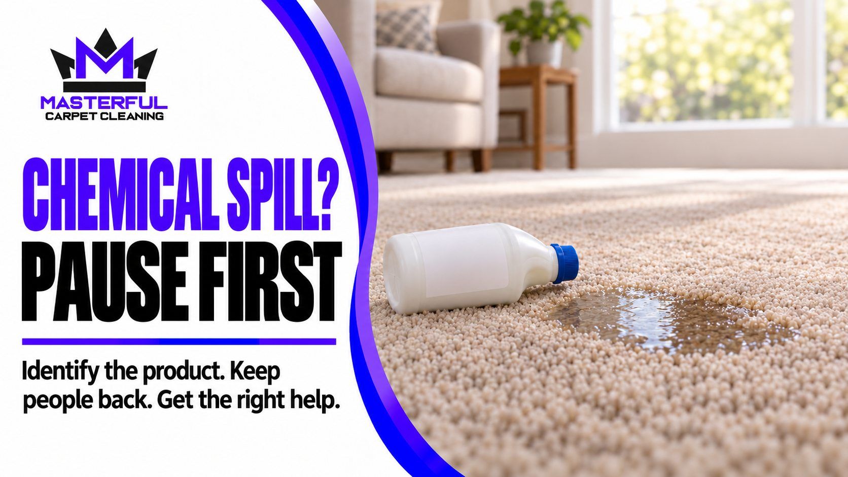 Masterful chemical spill safety guide cover with purple and black logo, closed unmarked bottle beside a small unattended spill on carpet, and text to keep people back and identify the product
