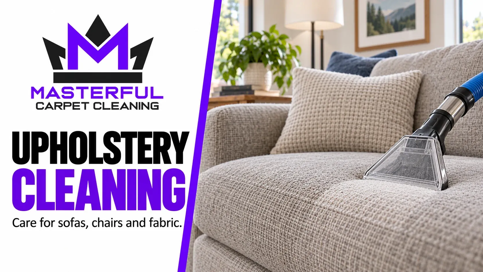 Upholstery cleaning care for sofas and chairs shown beside a fabric cleaning tool