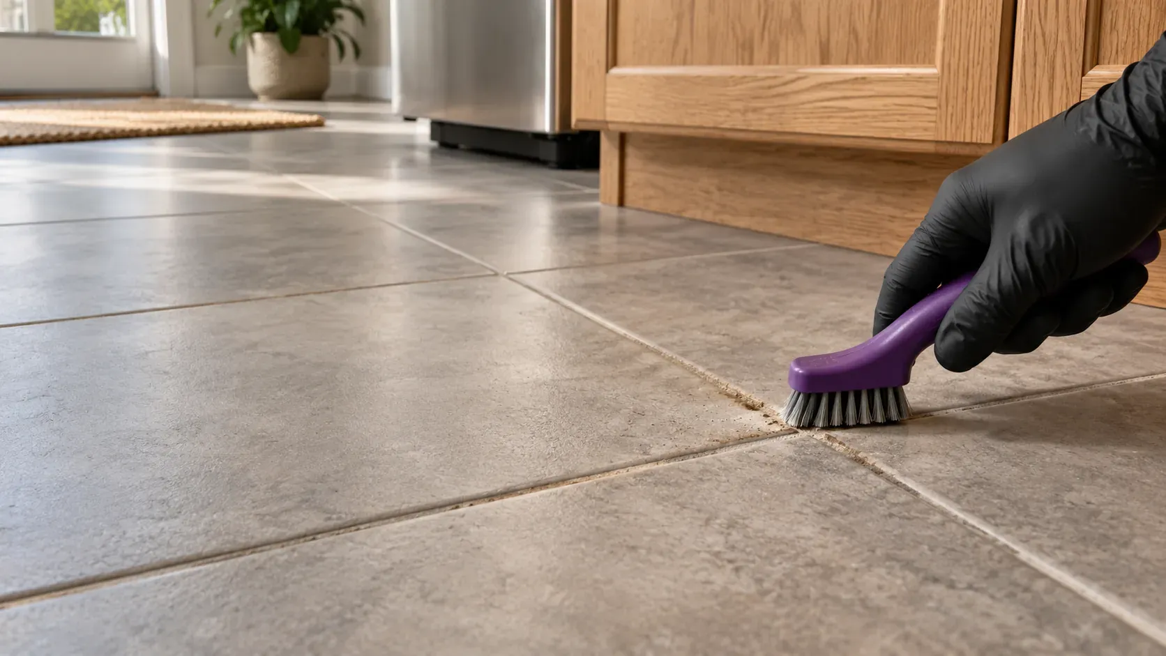 Gloved hand using a purple brush on a grout joint in a gray kitchen tile floor