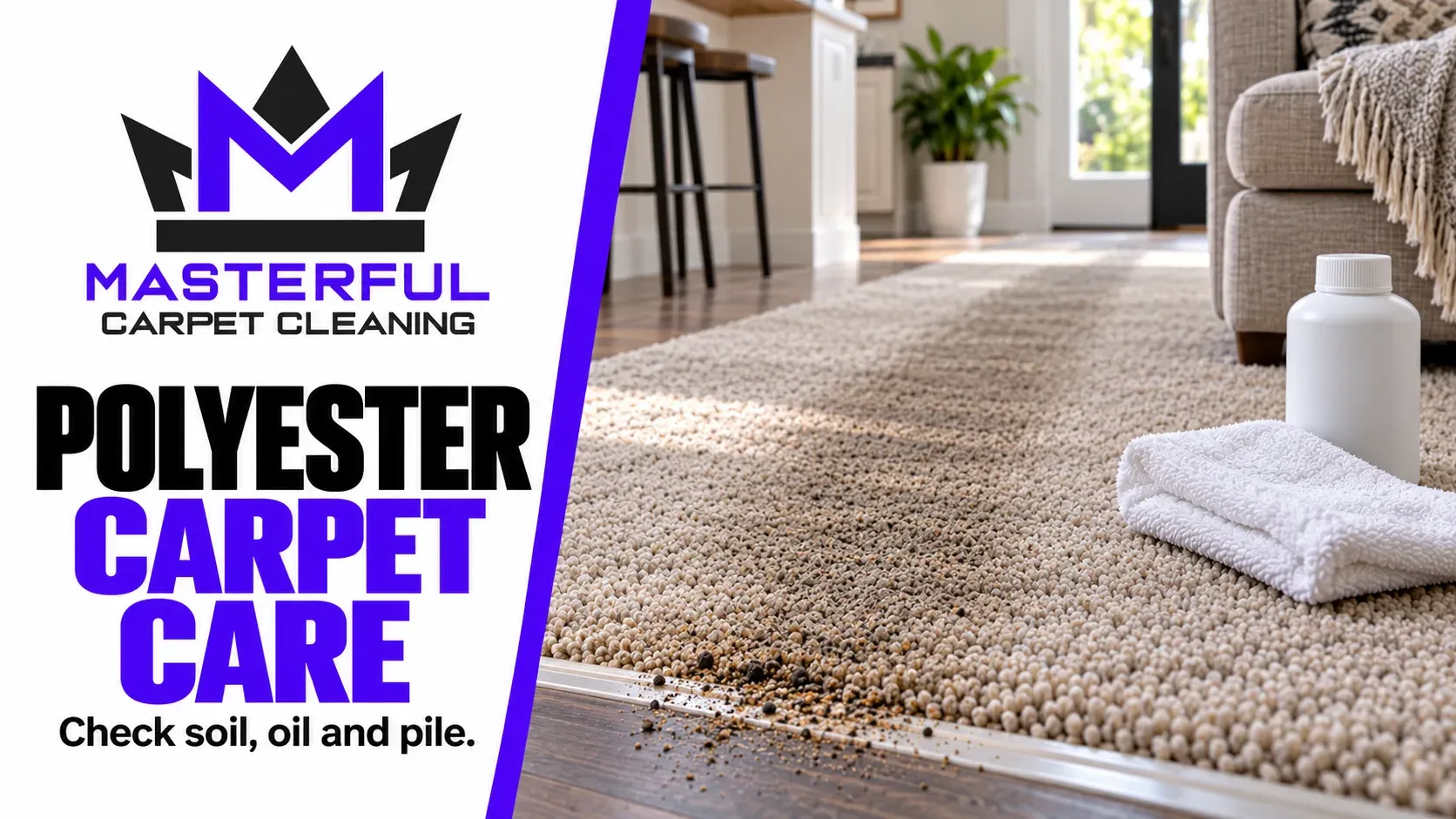 Masterful Carpet Cleaning cover: Polyester Carpet Care, with a dull traffic lane, loose grit, a folded white cloth and a closed generic bottle