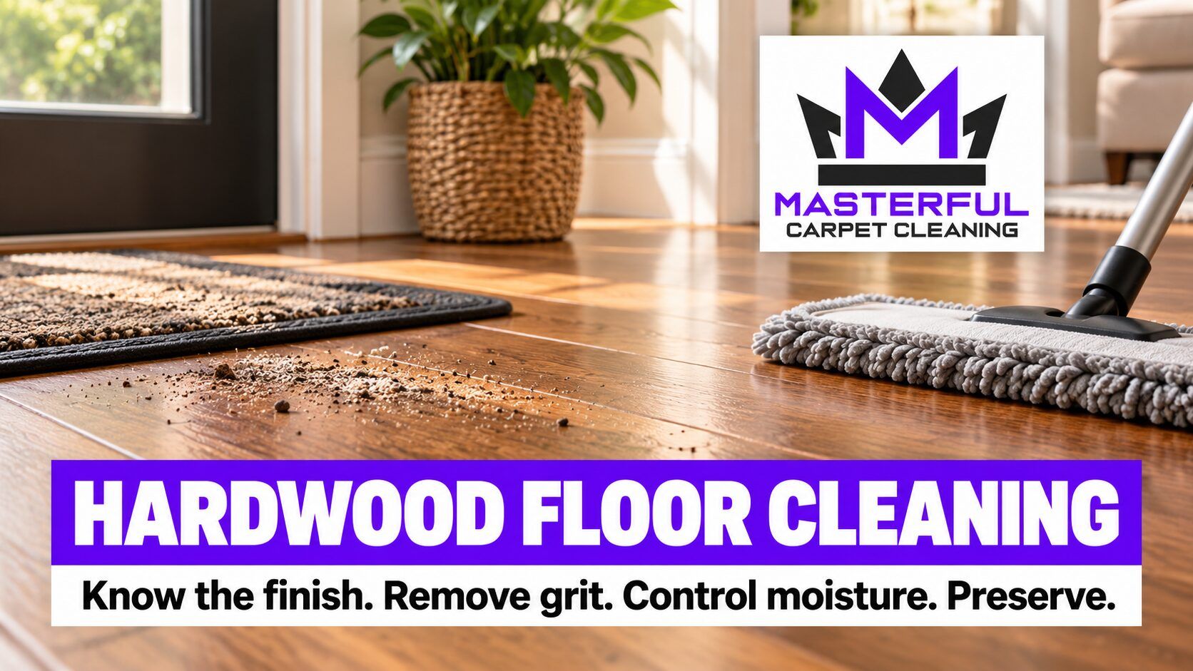Hardwood planks beside an entry mat with loose grit and a dry microfiber mop, under Masterful Carpet Cleaning care text