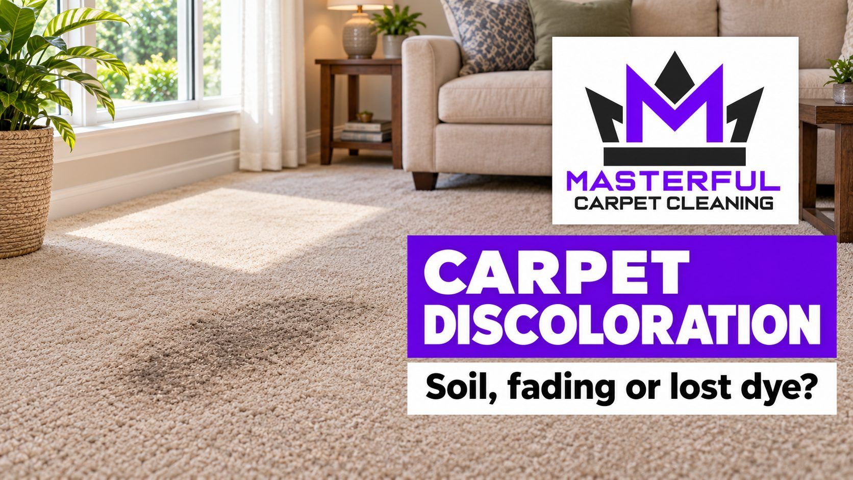 Masterful Carpet Cleaning cover with purple and black logo, dark carpet soil patch and separate pale sunlit area, reading Carpet Discoloration