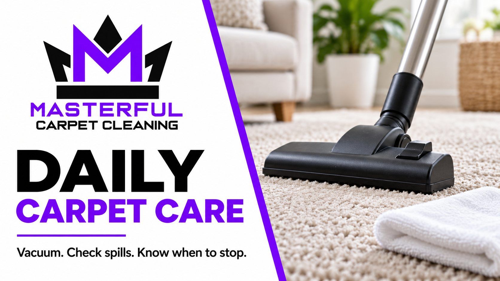 Branded daily carpet care illustration with a vacuum on carpet, a clean white cloth and the Masterful Carpet Cleaning logo