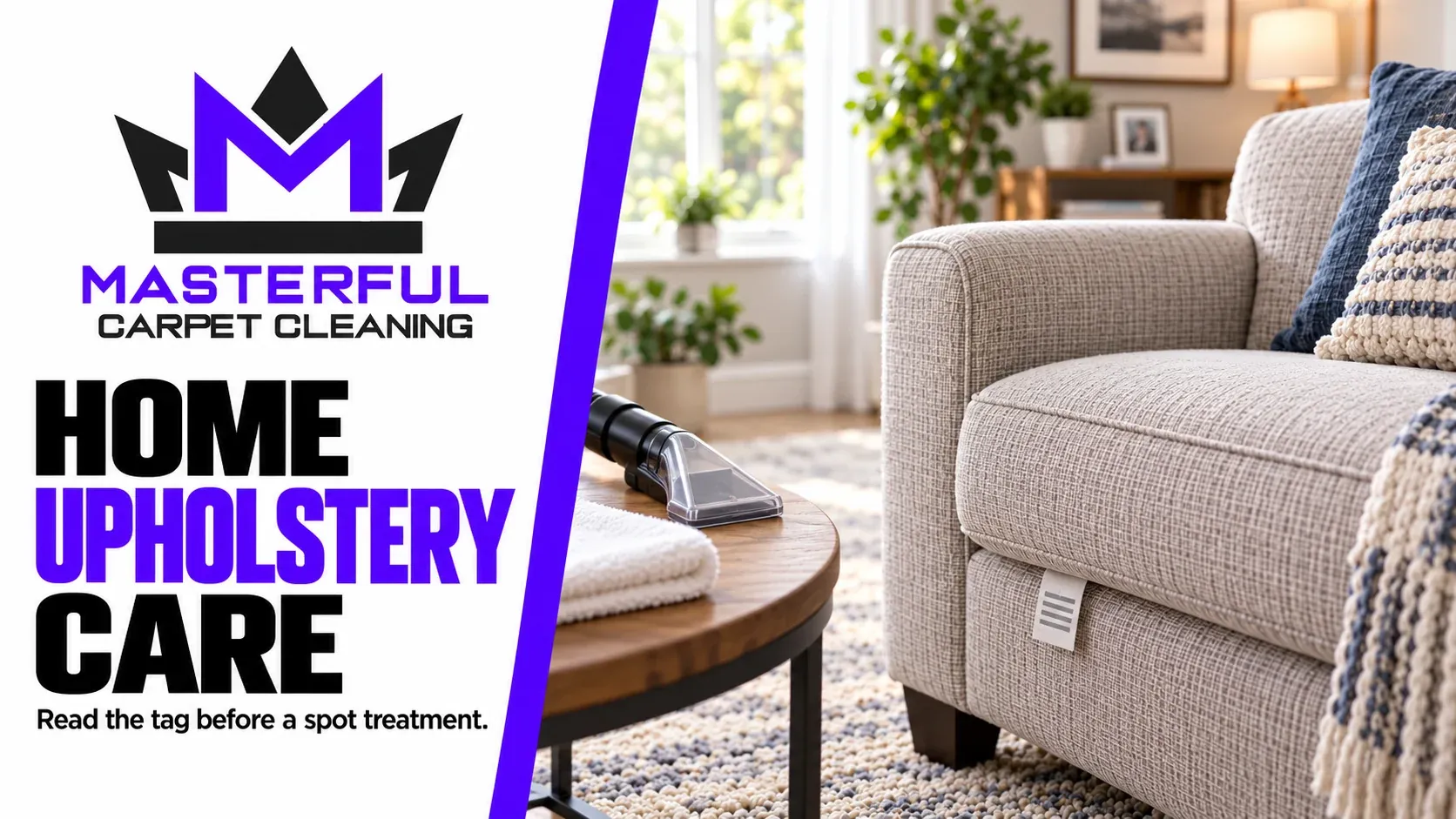 Masterful home upholstery care: chair with an unreadable sample tag and tools resting on a nearby table.