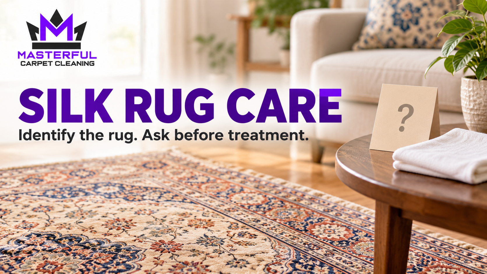 Illustrative patterned rug with an unused white cloth and care card beside the title Silk Rug Care
