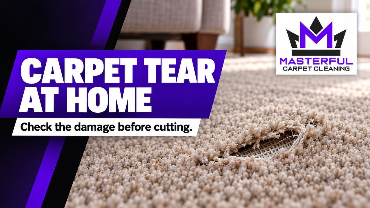 Torn beige carpet with backing visible, beside Carpet Tear at Home text and the Masterful logo