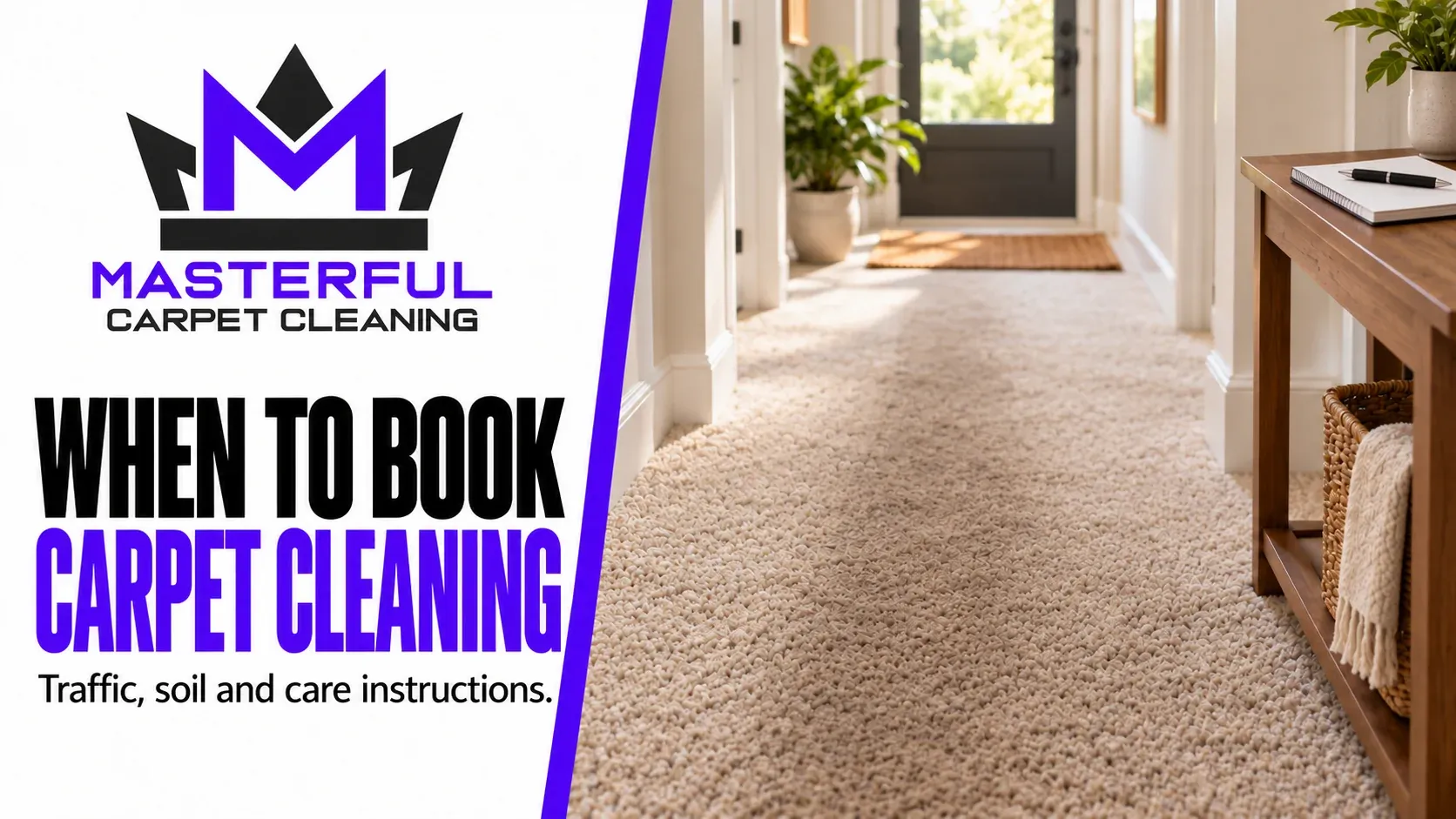 Masterful Carpet Cleaning cover: When to Book Carpet Cleaning, showing a used hallway path and planning notebook