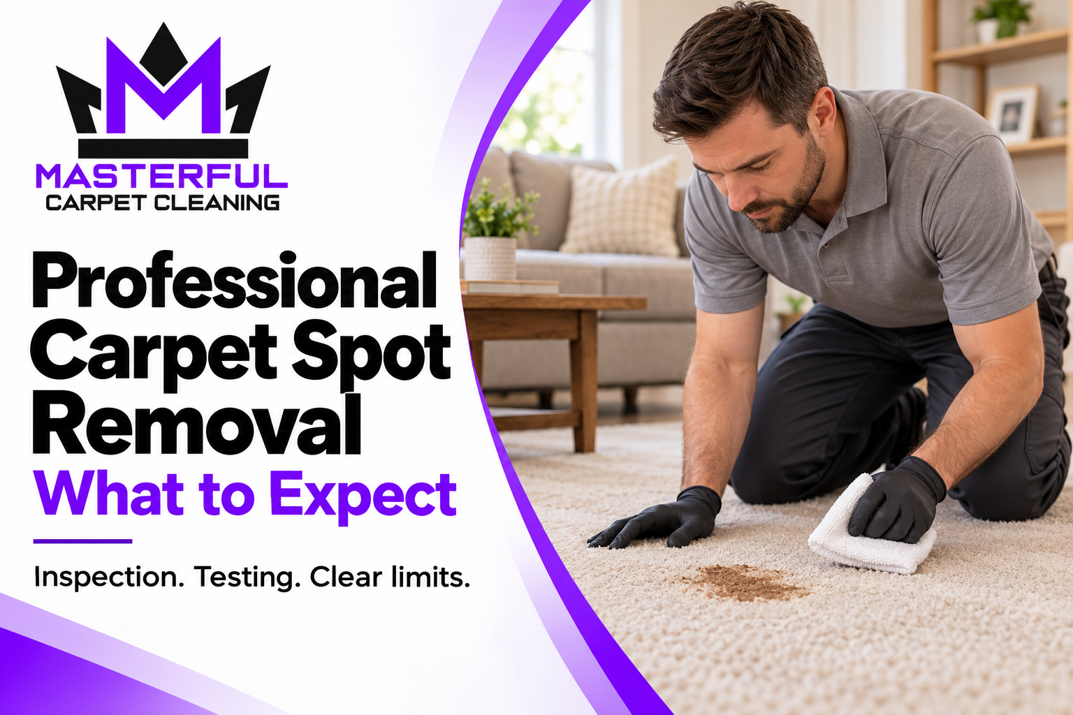 Masterful Carpet Cleaning cover: Professional Carpet Spot Removal. What to Expect. Illustration of a technician inspecting a brown mark on beige carpet.