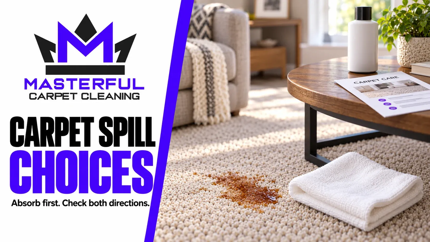 Masterful Carpet Cleaning cover: Carpet Spill Choices, showing a small carpet drink mark beside a folded white cloth, with a care sheet and closed unbranded bottle on a table.