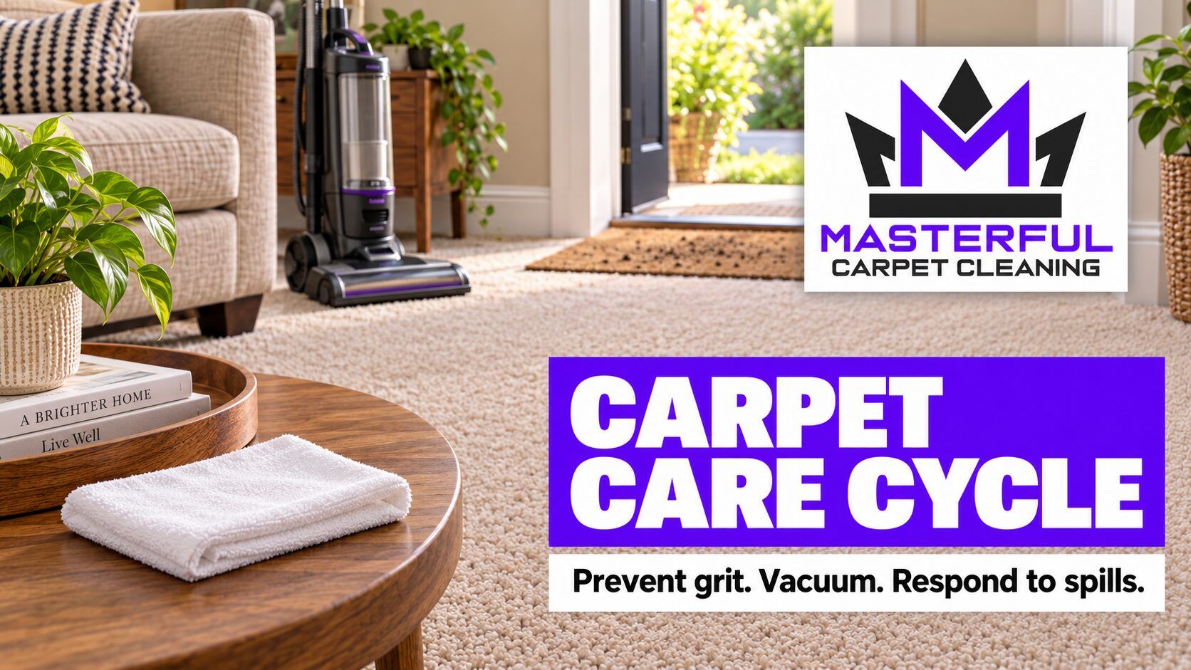 Beige carpet, an entry mat with grit, a parked vacuum and a folded blotting cloth beneath Masterful Carpet Cleaning care text