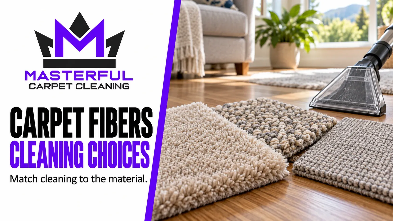 Masterful Carpet Cleaning cover: Carpet Fibers, Cleaning Choices, with carpet pile samples and a cleaning tool