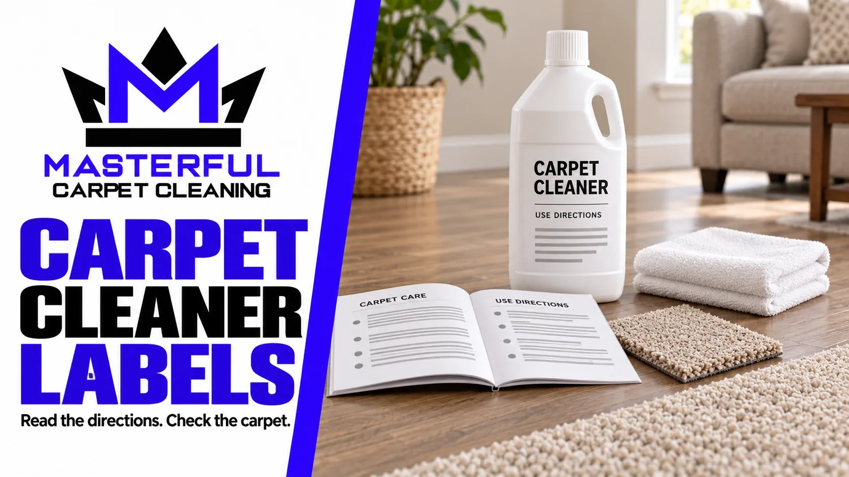 Carpet cleaner labels: illustrative closed bottle, sample carpet care booklet, carpet material sample and clean white cloths.
