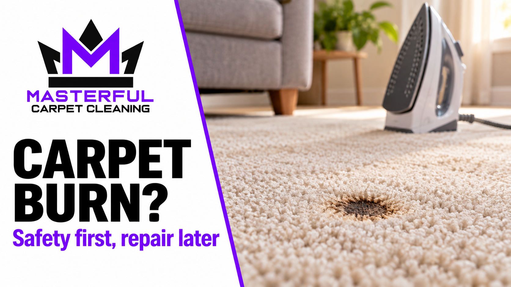 Masterful Carpet Cleaning cover showing a cooled small carpet burn and an iron set aside, titled Carpet Burn? Safety first, repair later
