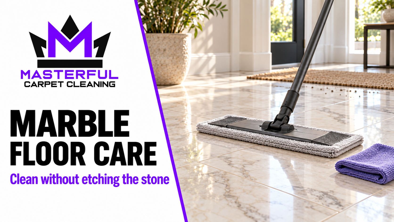 Masterful Carpet Cleaning cover showing a soft mop and cloth on a veined marble floor, titled Marble Floor Care