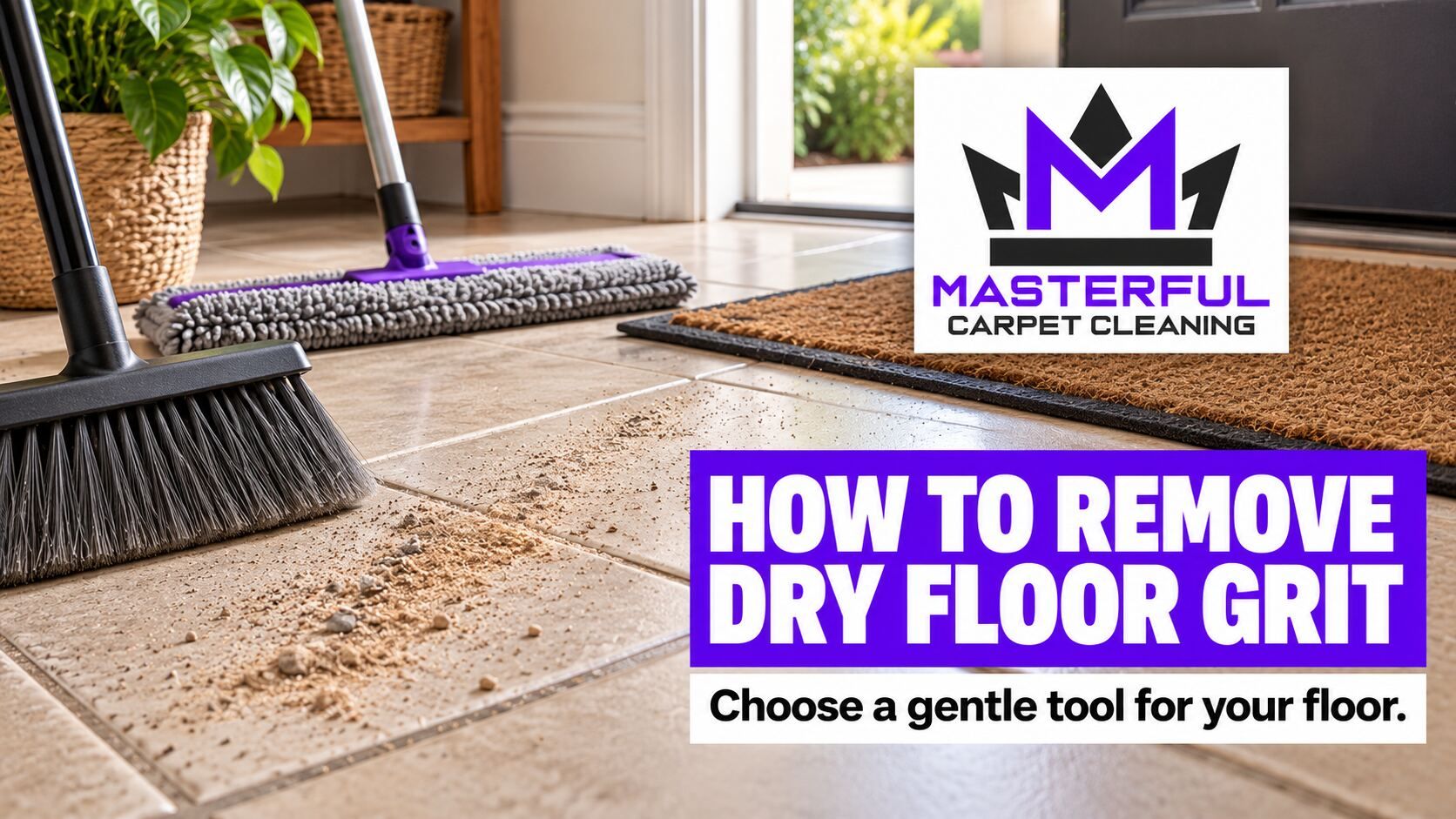 Dry grit on ceramic tile beside a soft broom and dry dust mop, with Masterful Carpet Cleaning branding and article text